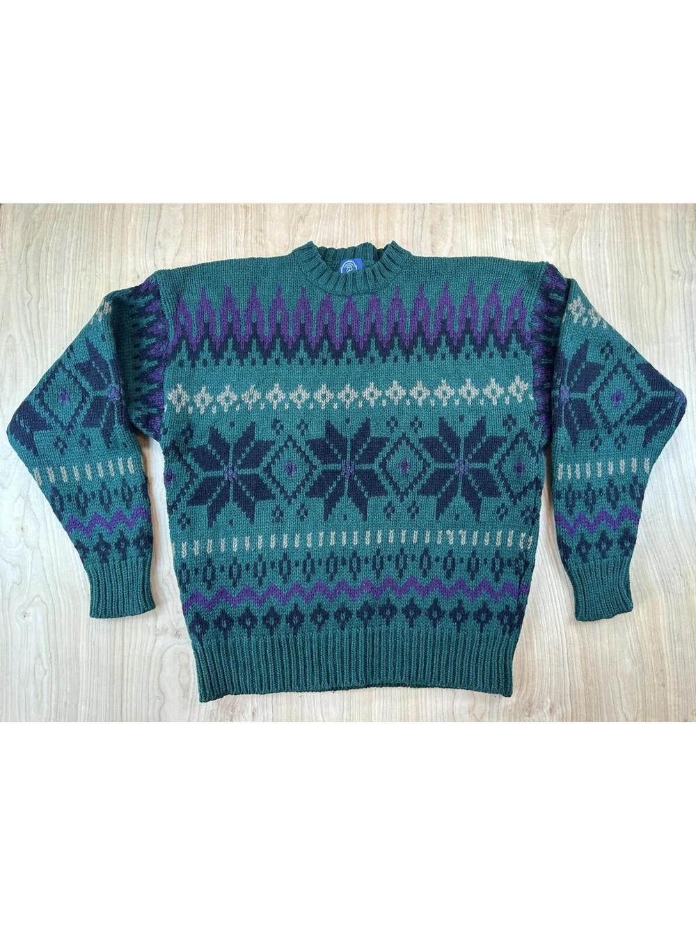 vintage 80s Gap 100% wool Nordic Sweater large Green purple fair isle thick